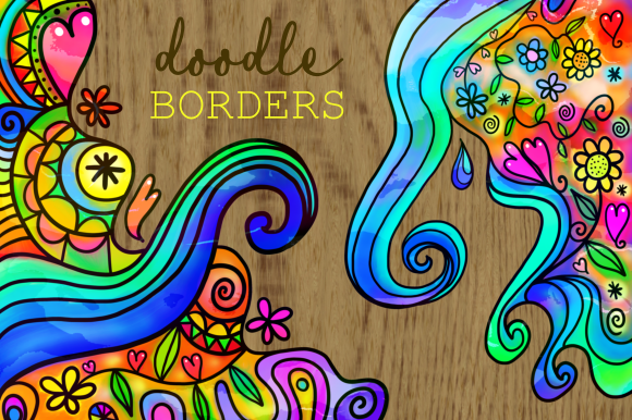 Vibrant Watercolor Ink Folk Art Doodle Borders for Craft Projects