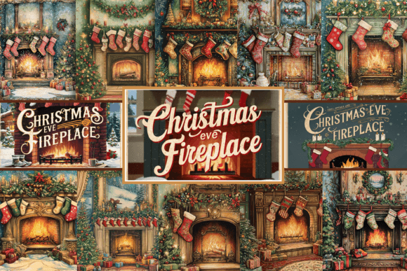 Vintage Christmas Eve Fireplace Paper: Nostalgic Digital Designs